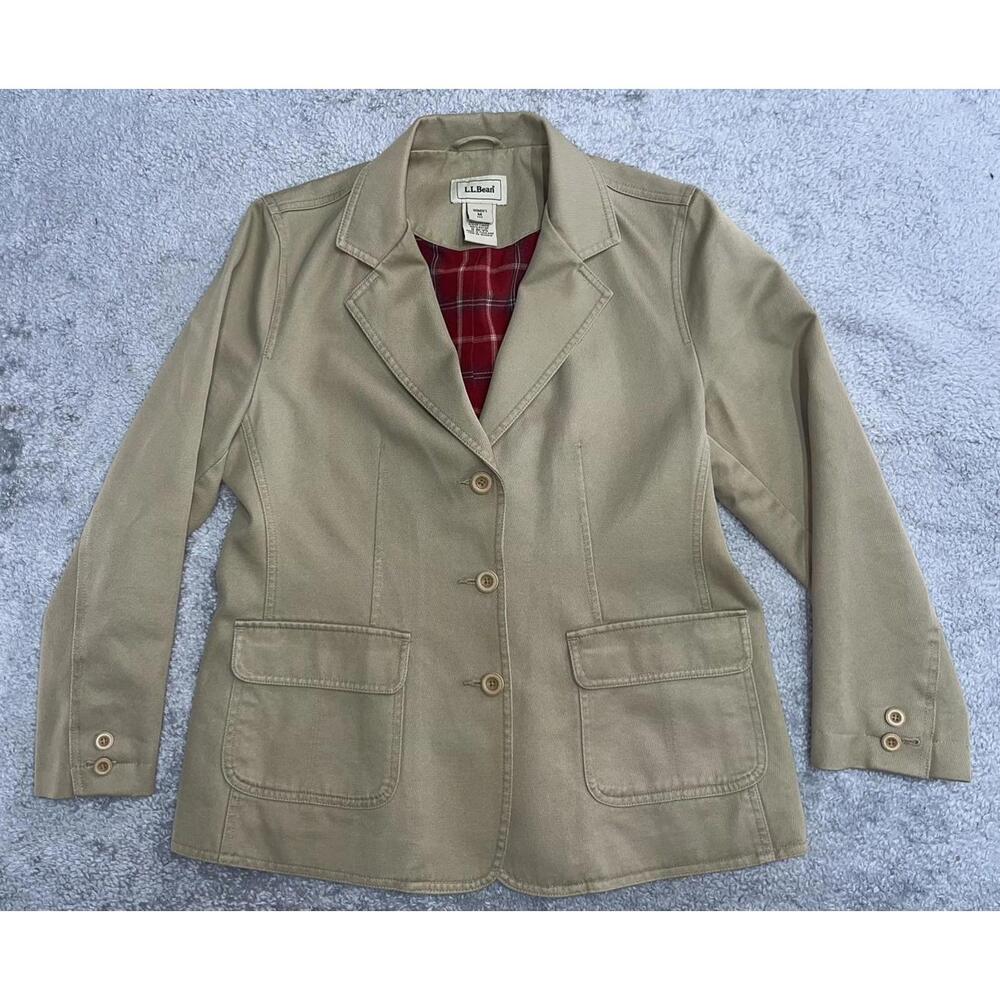 Vintage LL Bean Blazer Beige Women’s Sz M Button Brown Plaid Lined Jacket